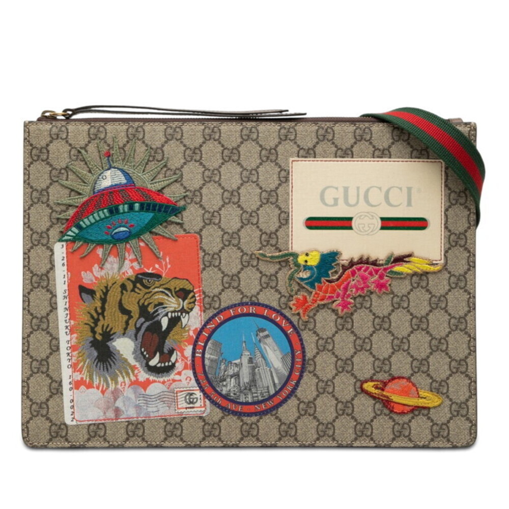 Gucci GG Supreme Courier Patch Shoulder Bag Messenger Clutch Beige